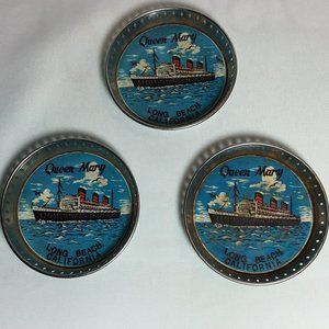 3 Vintage Queen Mary Coaster Long Beach CA Metal Tin 3-1/8" Japan